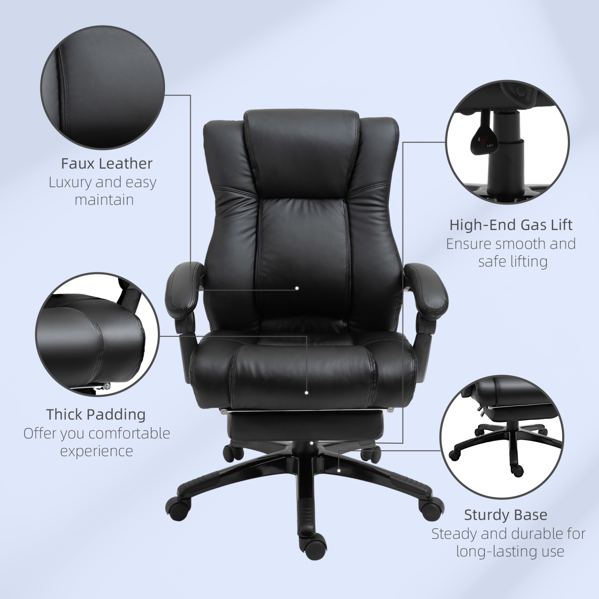 Vinsetto Executive Home Office Chair - High Back Recliner, Ergonomic PU Leather with Footrest & Wheels, Adjustable Height - Black - BEYRUN