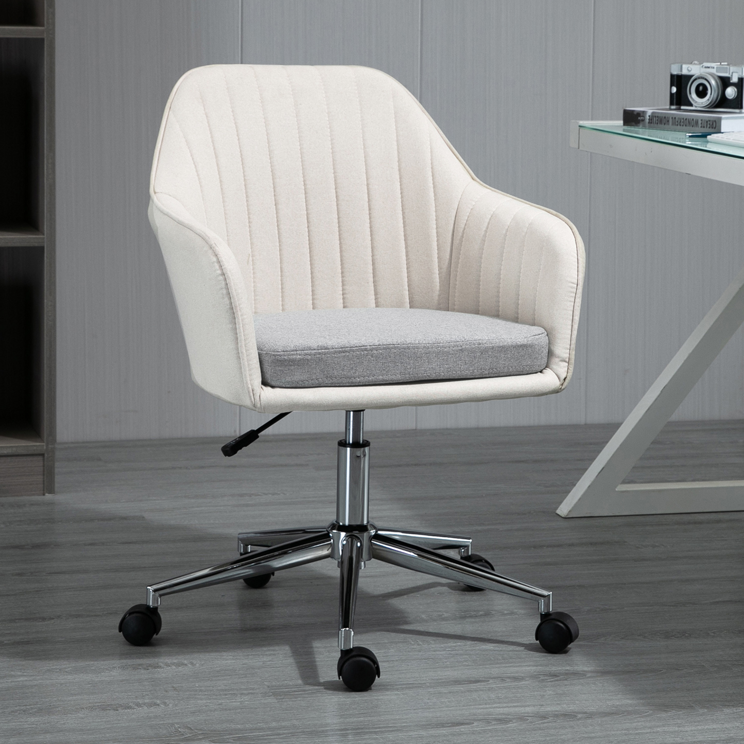 Vinsetto Ergonomic Linen Fabric Office Chair - Adjustable Swivel, Scallop Shape, Beige | Comfortable, Stylish, Durable - BEYRUN