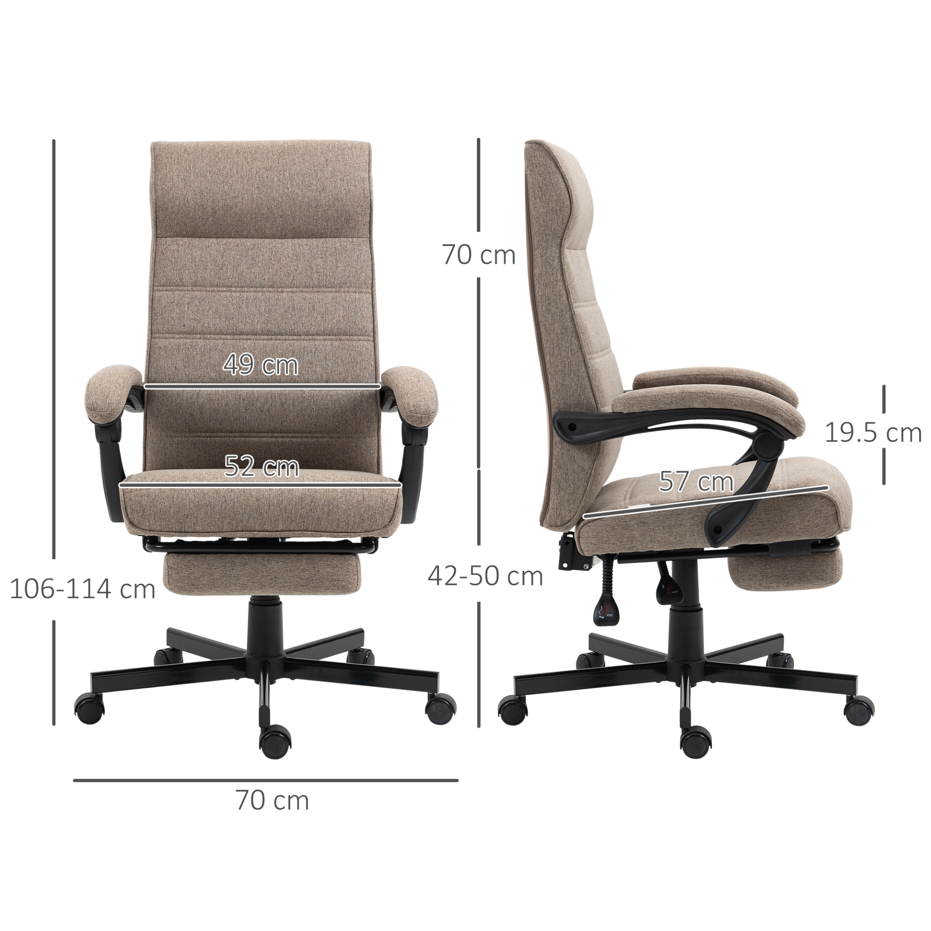 Vinsetto High-Back Ergonomic Linen Swivel Recliner Office Chair with Adjustable Height, Footrest, and Padded Armrest - Brown - BEYRUN