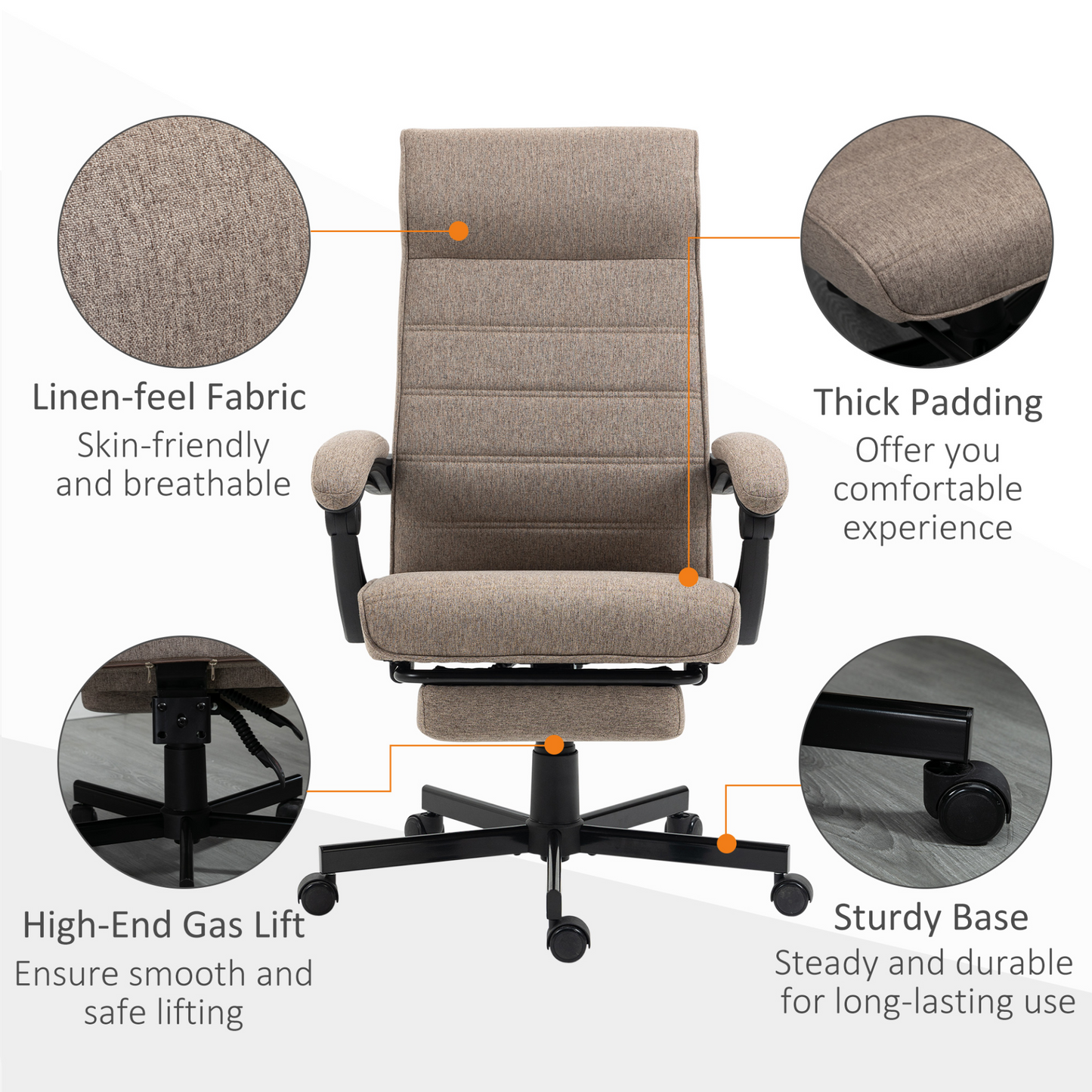 Vinsetto High-Back Ergonomic Linen Swivel Recliner Office Chair with Adjustable Height, Footrest, and Padded Armrest - Brown - BEYRUN