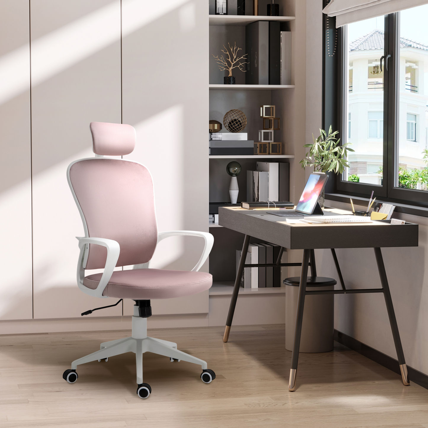 Vinsetto High-Back Office Chair with Velvet Fabric, Rotatable Headrest, Pink - Ergonomic & Stylish - BEYRUN