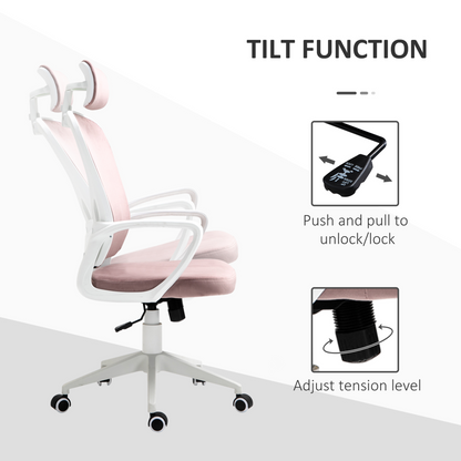 Vinsetto High-Back Office Chair with Velvet Fabric, Rotatable Headrest, Pink - Ergonomic & Stylish - BEYRUN