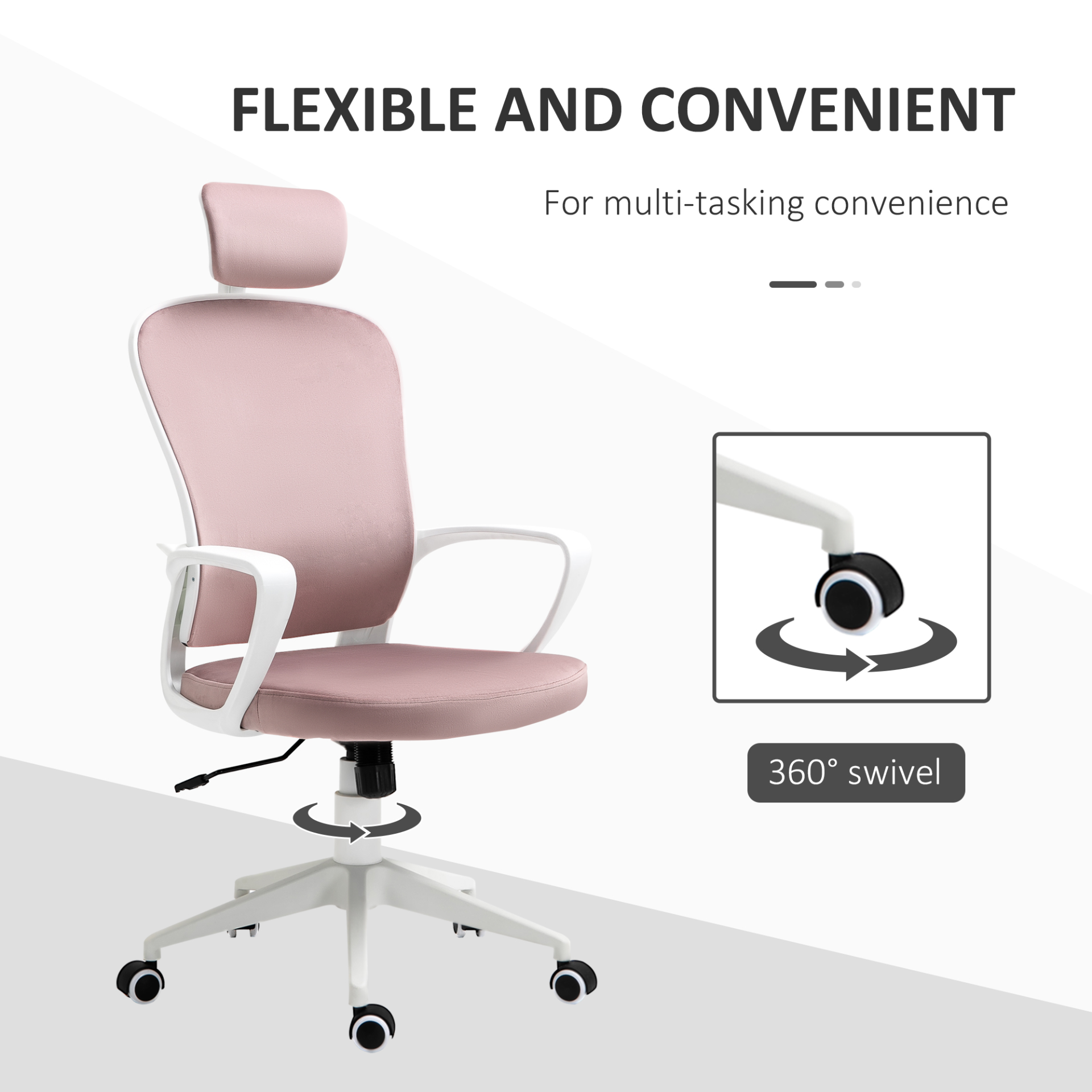 Vinsetto High-Back Office Chair with Velvet Fabric, Rotatable Headrest, Pink - Ergonomic & Stylish - BEYRUN