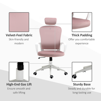 Vinsetto High-Back Office Chair with Velvet Fabric, Rotatable Headrest, Pink - Ergonomic & Stylish - BEYRUN