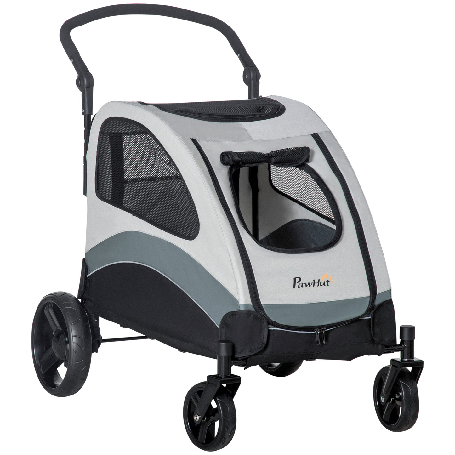 PawHut Pet Stroller for Medium Dogs & Cats - 4 Wheels, Safety Leash, Zipper Doors, Mesh Windows, Storage Bag - Grey