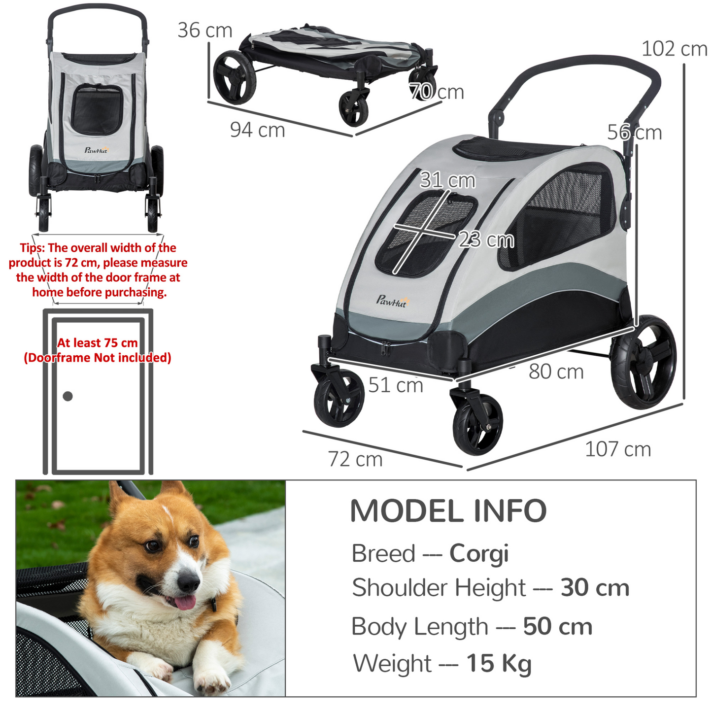 PawHut Pet Stroller for Medium Dogs & Cats - 4 Wheels, Safety Leash, Zipper Doors, Mesh Windows, Storage Bag - Grey