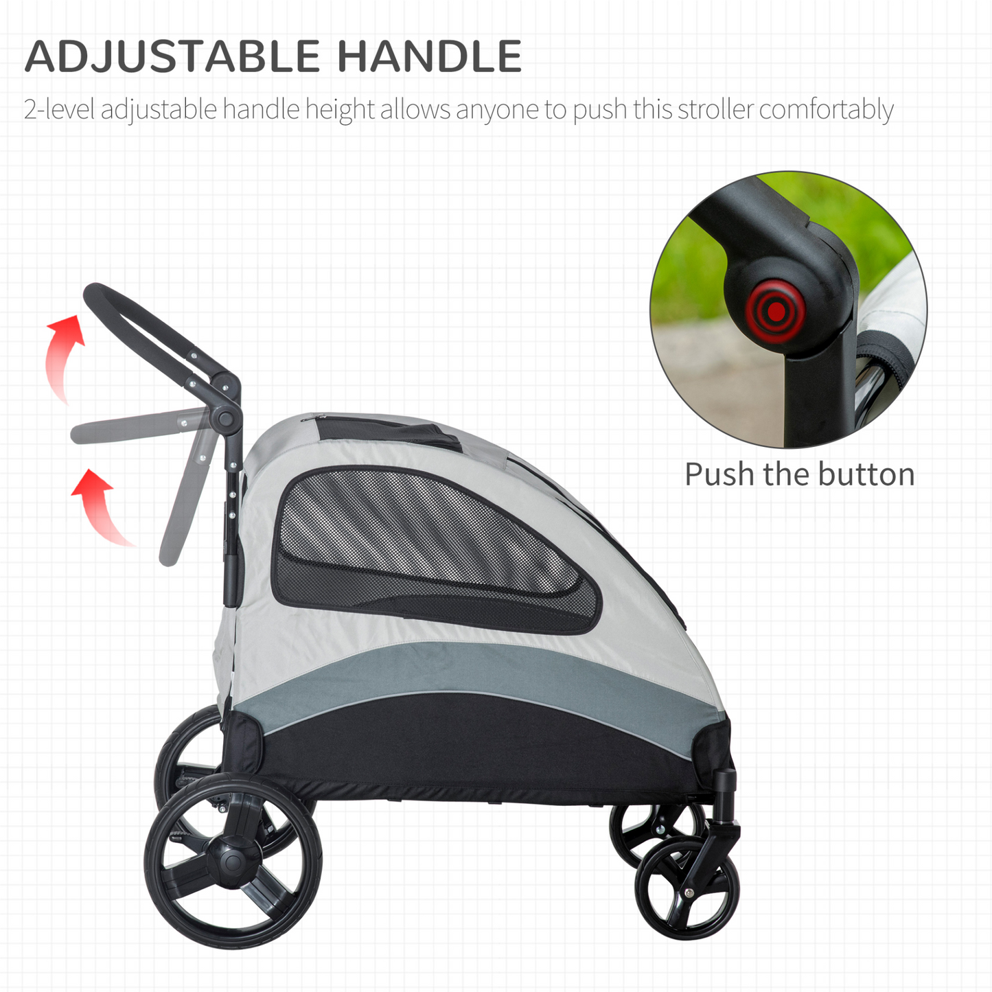 PawHut Pet Stroller for Medium Dogs & Cats - 4 Wheels, Safety Leash, Zipper Doors, Mesh Windows, Storage Bag - Grey