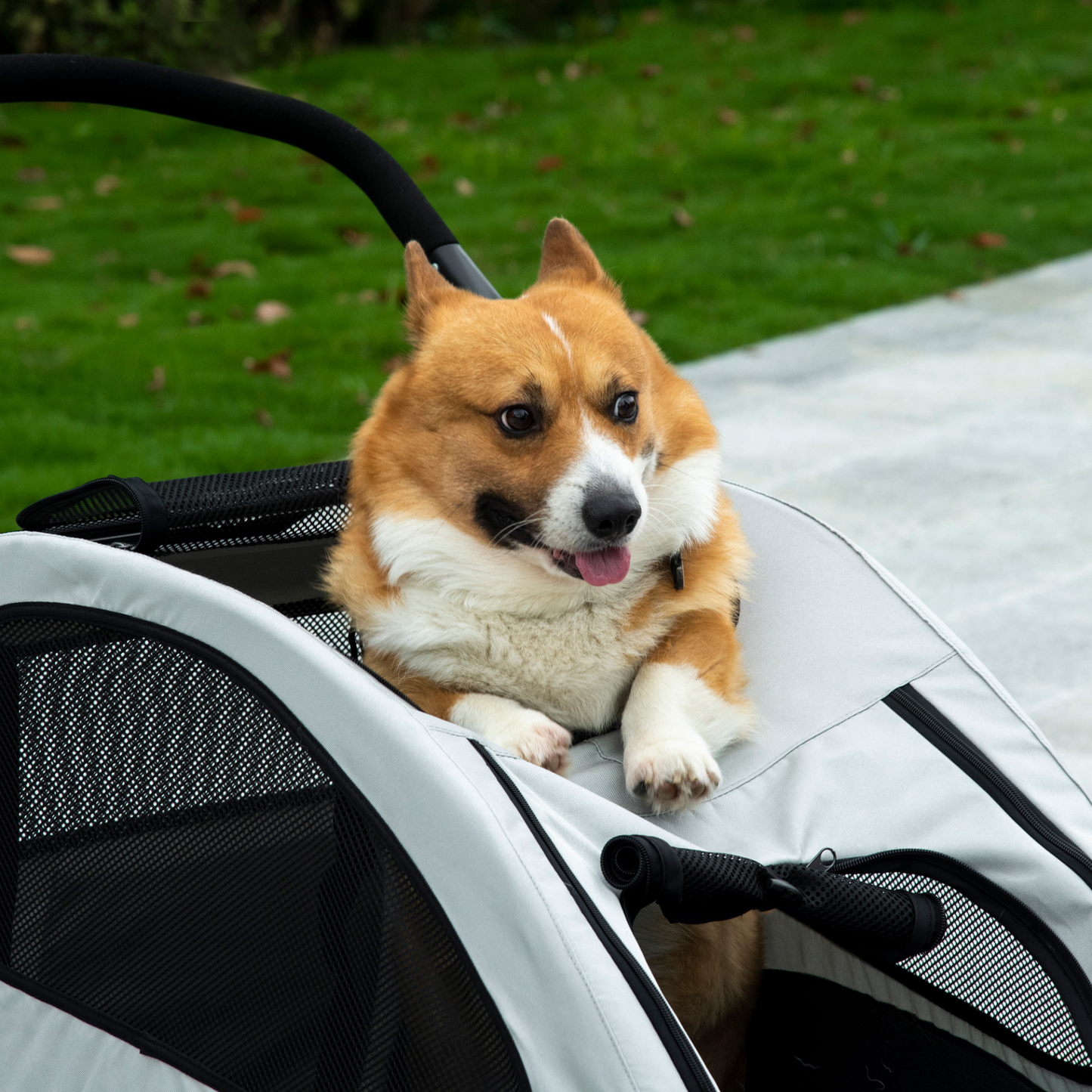 PawHut Pet Stroller for Medium Dogs & Cats - 4 Wheels, Safety Leash, Zipper Doors, Mesh Windows, Storage Bag - Grey