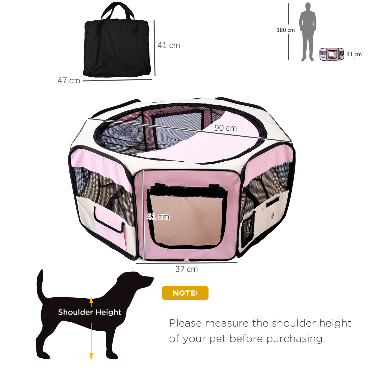 PawHut Fabric Pet Play Pen for Small Animals - Durable Indoor & Outdoor Pink Playpen for Dogs, Cats, Rabbits, Guinea Pigs - 90 x 41H cm