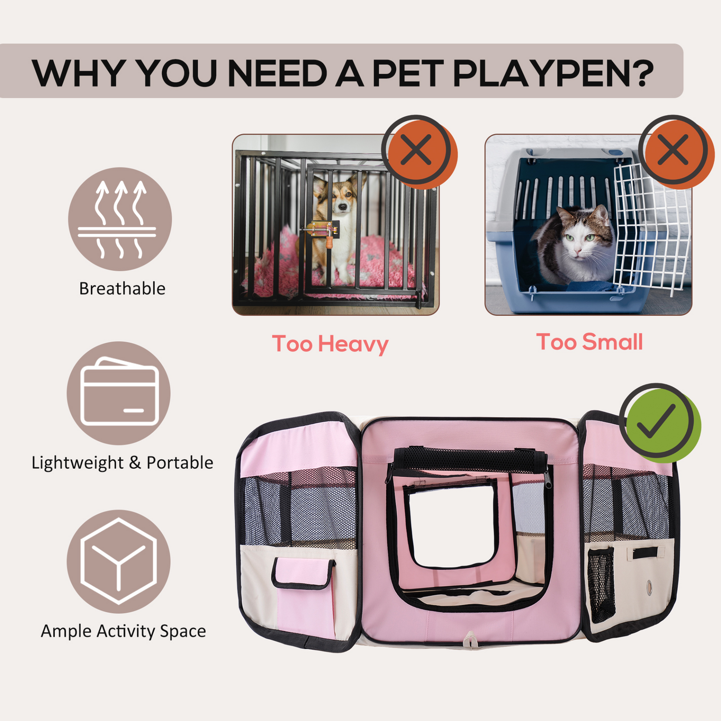 PawHut Fabric Pet Play Pen for Small Animals - Durable Indoor & Outdoor Pink Playpen for Dogs, Cats, Rabbits, Guinea Pigs - 90 x 41H cm