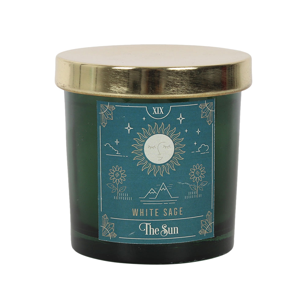 The Sun White Sage Tarot Candle - Elegant Green Glass Jar with Gold Lid, 25-Hour Burn Time, Mystical Scented Candle - BEYRUN