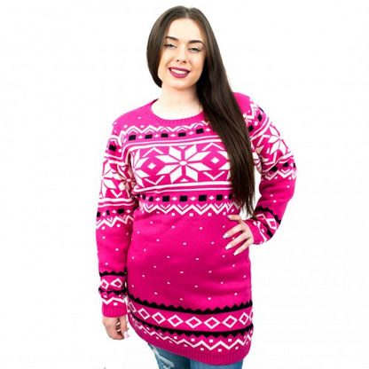 Miss Lulu Ladies Christmas Jumper With Snowflake Pattern - Small Pink | Festive Winter Wear - BEYRUN