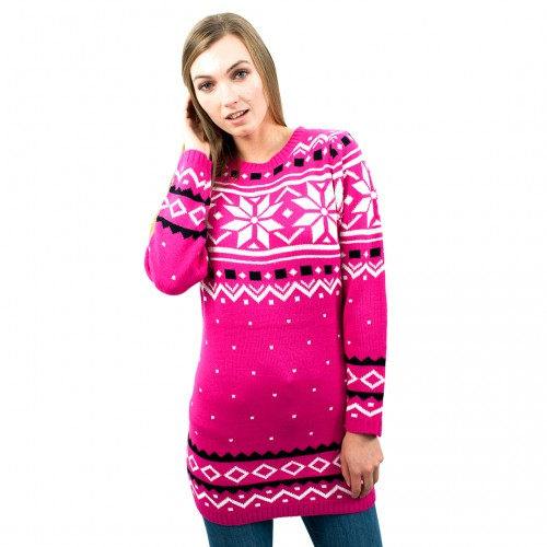 Miss Lulu Ladies Christmas Jumper With Snowflake Pattern - Small Pink | Festive Winter Wear - BEYRUN