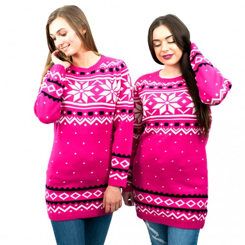 Miss Lulu Ladies Christmas Jumper With Snowflake Pattern - Small Pink | Festive Winter Wear - BEYRUN