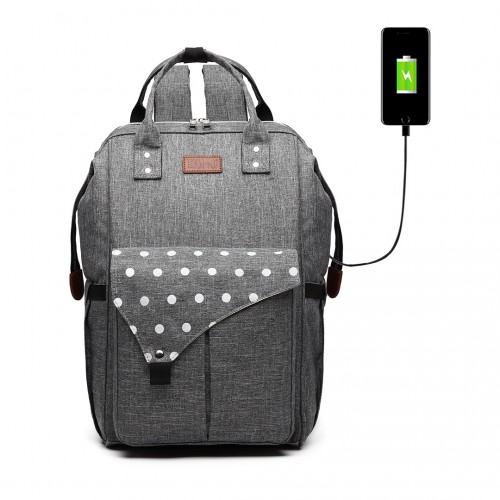 KONO Polka Dot Maternity Backpack Bag with USB Connectivity - Grey | Large Capacity & Water Resistant - BEYRUN