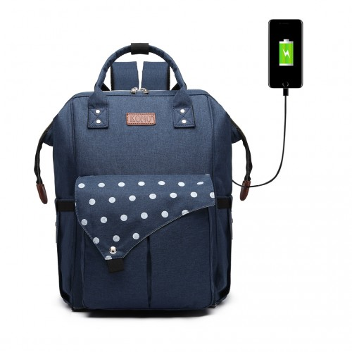 KONO Polka Dot Maternity Backpack Bag with USB Connectivity - Navy | Spacious, Durable & Stylish - BEYRUN