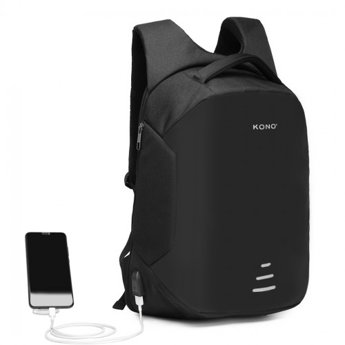 E1946 - KONO REFLECTIVE USB CHARGING INTERFACE BACKPACK - BLACK - BEYRUN