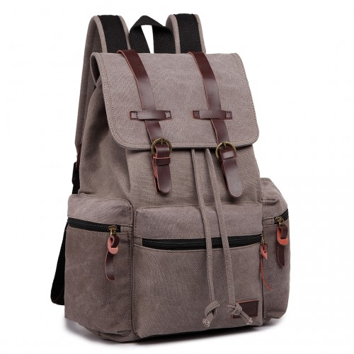 E1672 - Kono Large Multi Function Leather Details Canvas Backpack - Grey - BEYRUN