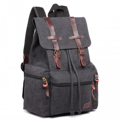 E1672 - Kono Large Multi Function Leather Details Canvas Backpack - Black - BEYRUN