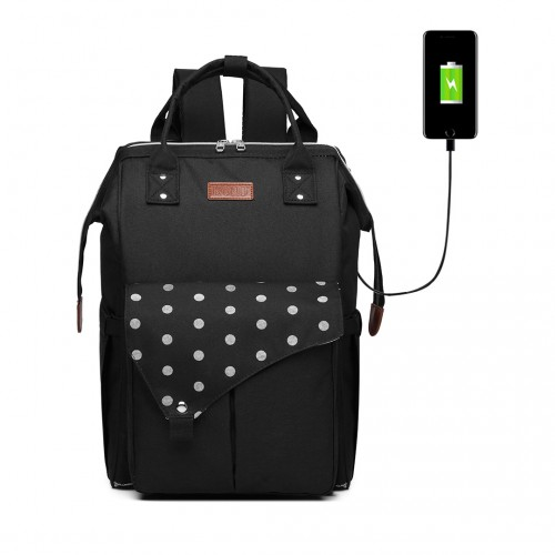 KONO Polka Dot Maternity Backpack Bag with USB Connectivity - Large Capacity, Multifunctional, Water Resistant - Black - BEYRUN