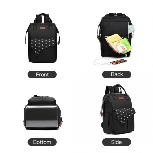 KONO Polka Dot Maternity Backpack Bag with USB Connectivity - Large Capacity, Multifunctional, Water Resistant - Black - BEYRUN