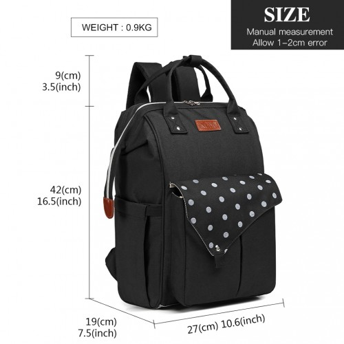 KONO Polka Dot Maternity Backpack Bag with USB Connectivity - Large Capacity, Multifunctional, Water Resistant - Black - BEYRUN