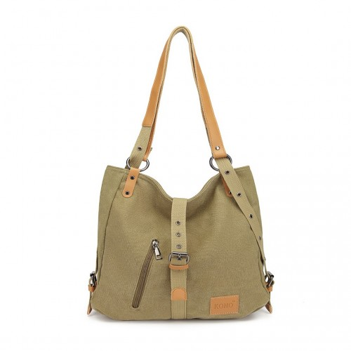 Kono Canvas Hobo Slouch Shoulder Bag and Backpack - Khaki | Stylish & Versatile - BEYRUN