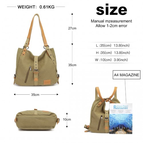 Kono Canvas Hobo Slouch Shoulder Bag and Backpack - Khaki | Stylish & Versatile - BEYRUN