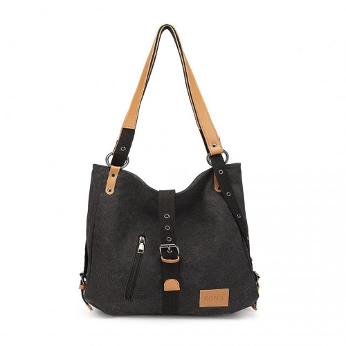 Kono Canvas Hobo Slouch Shoulder Bag and Backpack - Black | Stylish & Versatile for Travel & School - BEYRUN