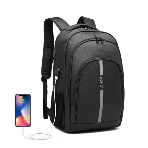 E1972 - Kono Large Backpack with Reflective Stripe and USB Charging Interface - Black - BEYRUN