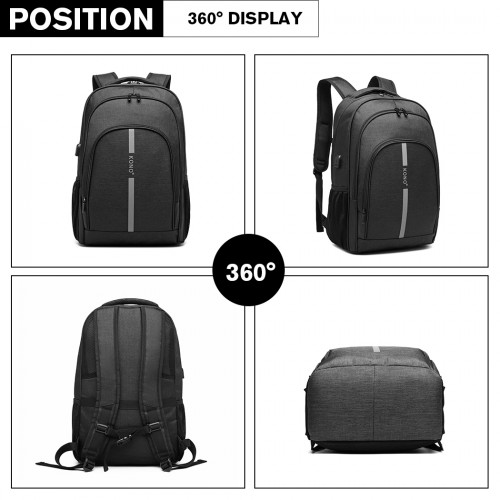 E1972 - Kono Large Backpack with Reflective Stripe and USB Charging Interface - Black - BEYRUN