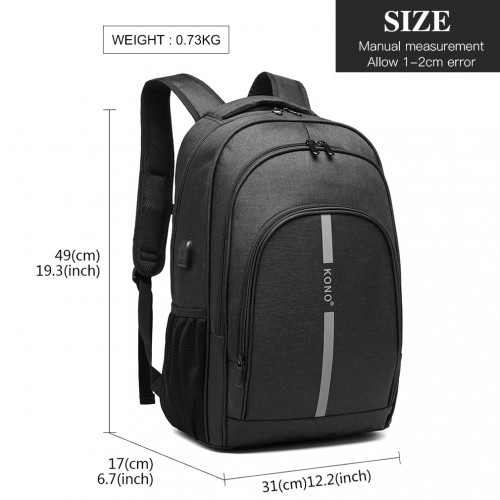 E1972 - Kono Large Backpack with Reflective Stripe and USB Charging Interface - Black - BEYRUN