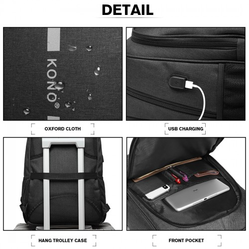 E1972 - Kono Large Backpack with Reflective Stripe and USB Charging Interface - Black - BEYRUN