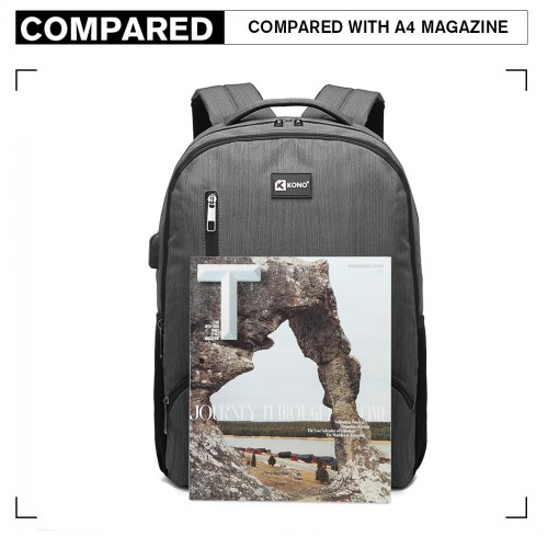 E1978 - Kono Multi Compartment Backpack with USB Connectivity - Grey - BEYRUN