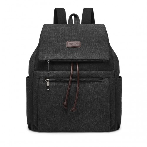 EB2233 - Kono Canvas Clamshell Drawstring School Backpack - Black - BEYRUN