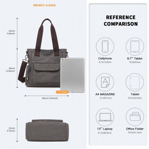 Kono Large Capacity Multi Compartment Canvas Crossbody Tote Bag - Grey | Versatile & Durable - BEYRUN