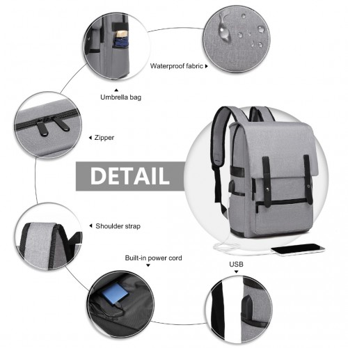 EG2032 - Kono Smart Practical Backpack with USB Chargable Interface - Grey - BEYRUN