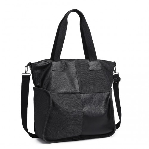 Kono Paneled Contrast Large Capacity Canvas Shoulder Bag - Black | EH2221 Stylish & Durable - BEYRUN