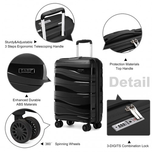 Kono 20 Inch Lightweight Polypropylene Hard Shell Suitcase with TSA Lock - Black | Stylish & Durable Travel Luggage - BEYRUN