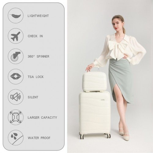 Kono Lightweight Polypropylene Hard Shell 4 Piece Suitcase Set with TSA Lock and Vanity Case - Cream White - BEYRUN