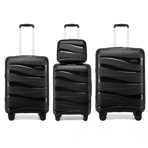 K2094L - Kono Lightweight Polypropylene Hard Shell 4 Piece Suitcase Set With TSA Lock And Vanity Case - Black - BEYRUN