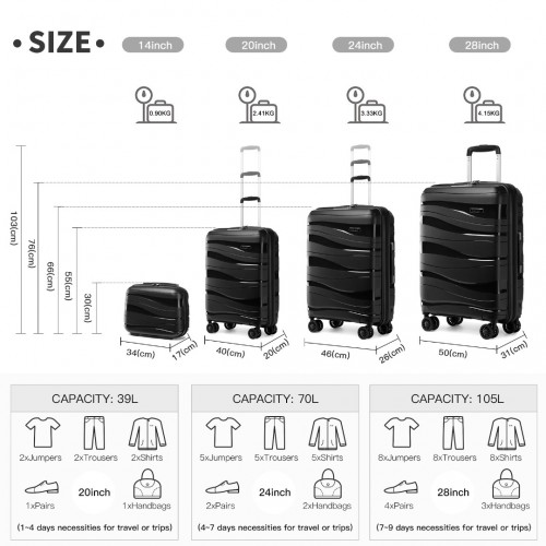 K2094L - Kono Lightweight Polypropylene Hard Shell 4 Piece Suitcase Set With TSA Lock And Vanity Case - Black - BEYRUN