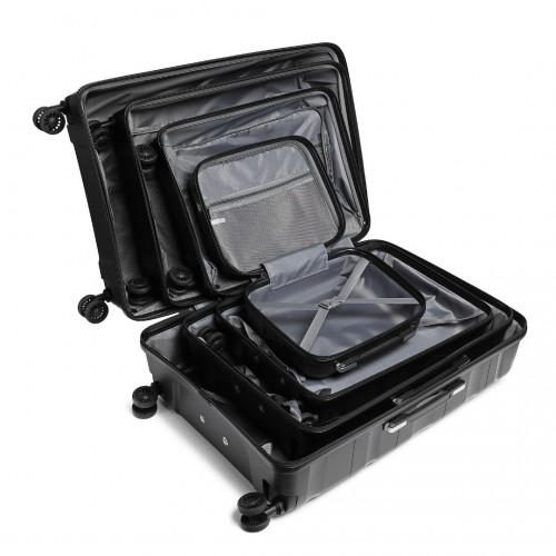 K2094L - Kono Lightweight Polypropylene Hard Shell 4 Piece Suitcase Set With TSA Lock And Vanity Case - Black - BEYRUN