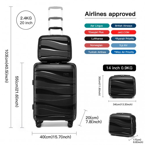 Kono 14/20 Inch Lightweight Polypropylene Hard Shell Suitcase Set with TSA Lock & Vanity Case - Black - BEYRUN