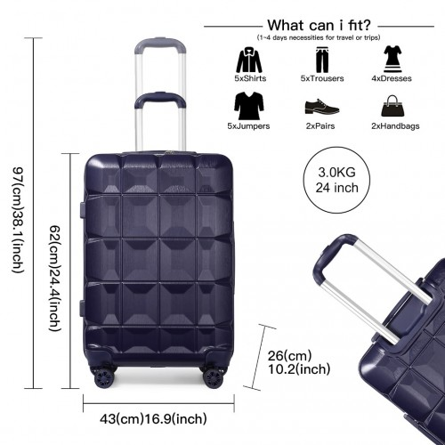 Kono 24 Inch Lightweight Hard Shell ABS Suitcase With TSA Lock - Navy | Durable & Stylish Luggage Perfect for Travel - BEYRUN