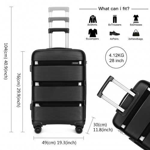 Kono 28" Hard Shell PP Suitcase - Black | Lightweight Durable Travel Luggage with TSA Lock & 360° Wheels - BEYRUN