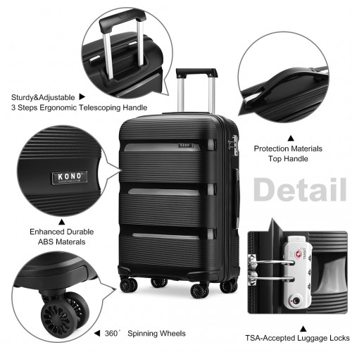 Kono 28" Hard Shell PP Suitcase - Black | Lightweight Durable Travel Luggage with TSA Lock & 360° Wheels - BEYRUN