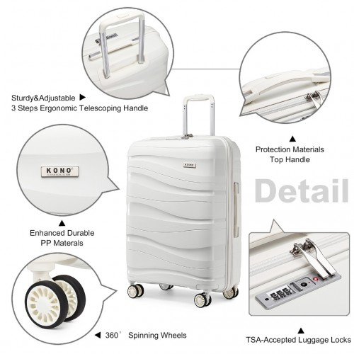 Kono 28 Inch Lightweight Polypropylene Hard Shell Suitcase with TSA Lock - Cream White - BEYRUN