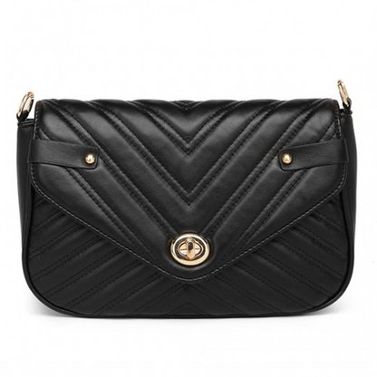 Miss Lulu V-quilted Flap Leather Shoulder Bag - Black | Premium PU Leather, Adjustable Strap, Spacious Interior - BEYRUN