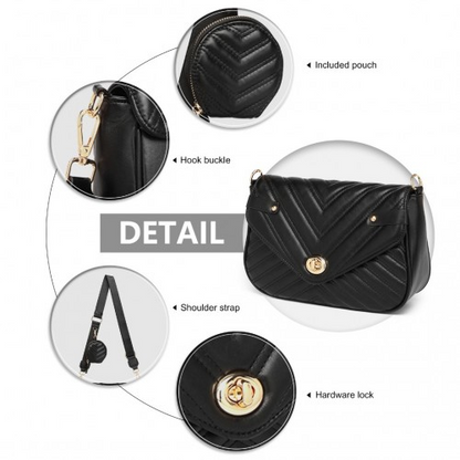 Miss Lulu V-quilted Flap Leather Shoulder Bag - Black | Premium PU Leather, Adjustable Strap, Spacious Interior - BEYRUN